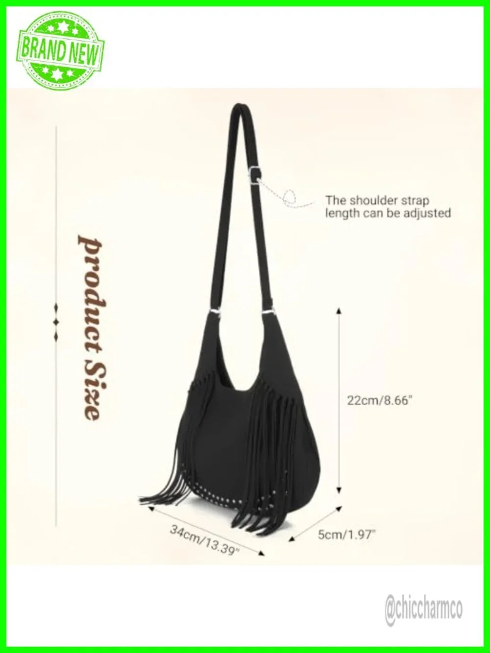 Vintage Suede Fringe Hobo Bag Crossbody Tassel Shoulder Purse Boho with Studs